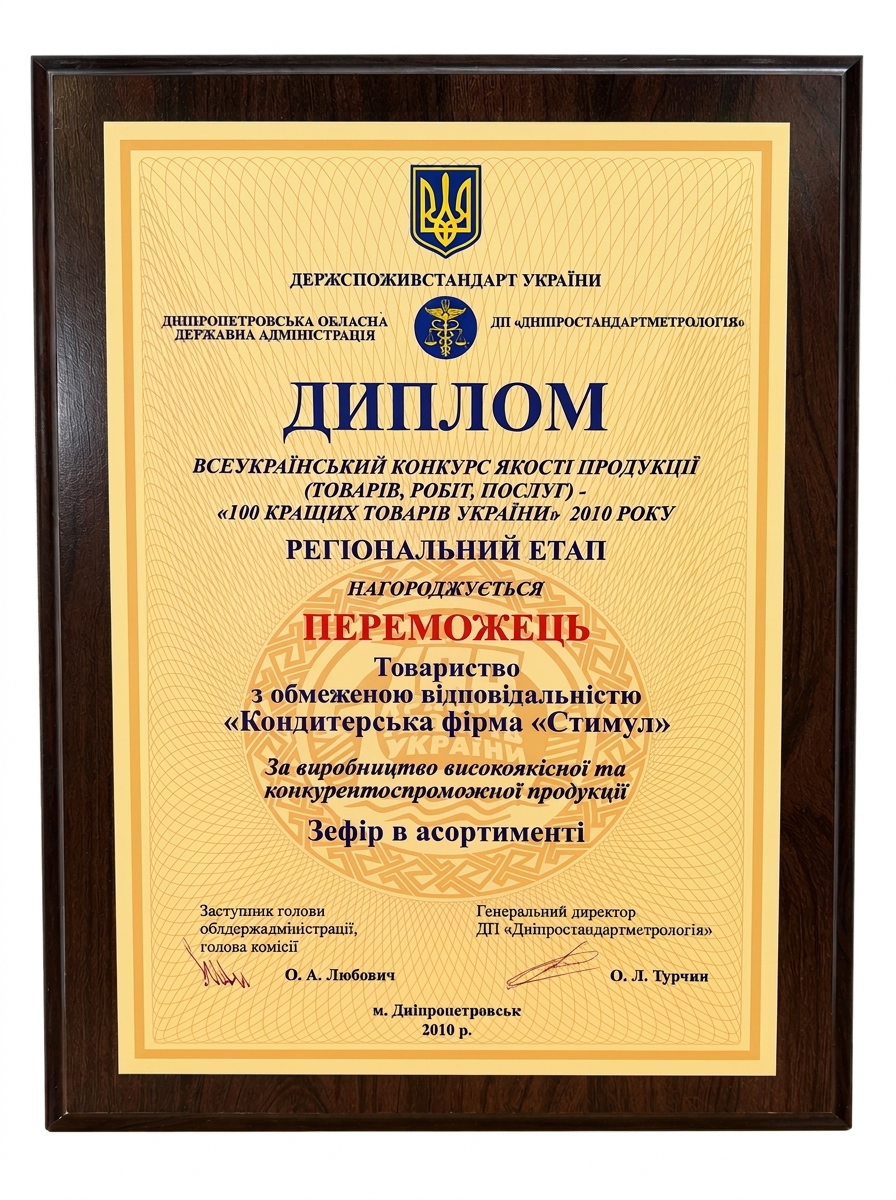 Диплом Переможця Всеукраїнського конкурсу якості продукції «100 кращих товарів України» (2010 рік) Диплом Переможця Всеукраїнського конкурсу якості продукції «100 кращих товарів України» (2010 рік)